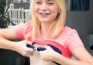 Classy blonde teen fucks in black stockings