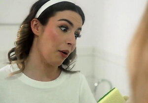 Cute teens bored of cleaning the house