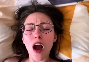 Small tit brunette amateur tugs on a big willie