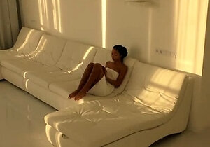 Black Asian Teen jumping on red cock in white room
