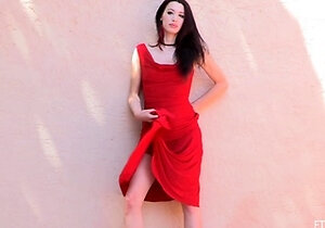 Small titted brunette Sharron with glasses masturbates