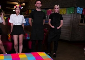 Stepsisters Asia and Mads sucks stepbros cock