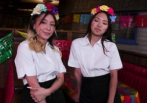 Stepsisters Asia and Mads sucks stepbros cock