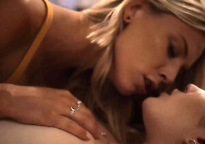 Pale blonde and tanned brunette lesbians toying and licking